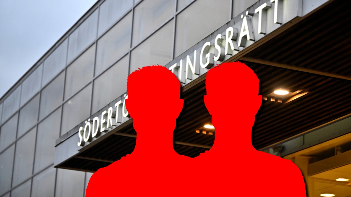 Södertörns tingsrätt i bakgrunden. Två röda siluetter av män.