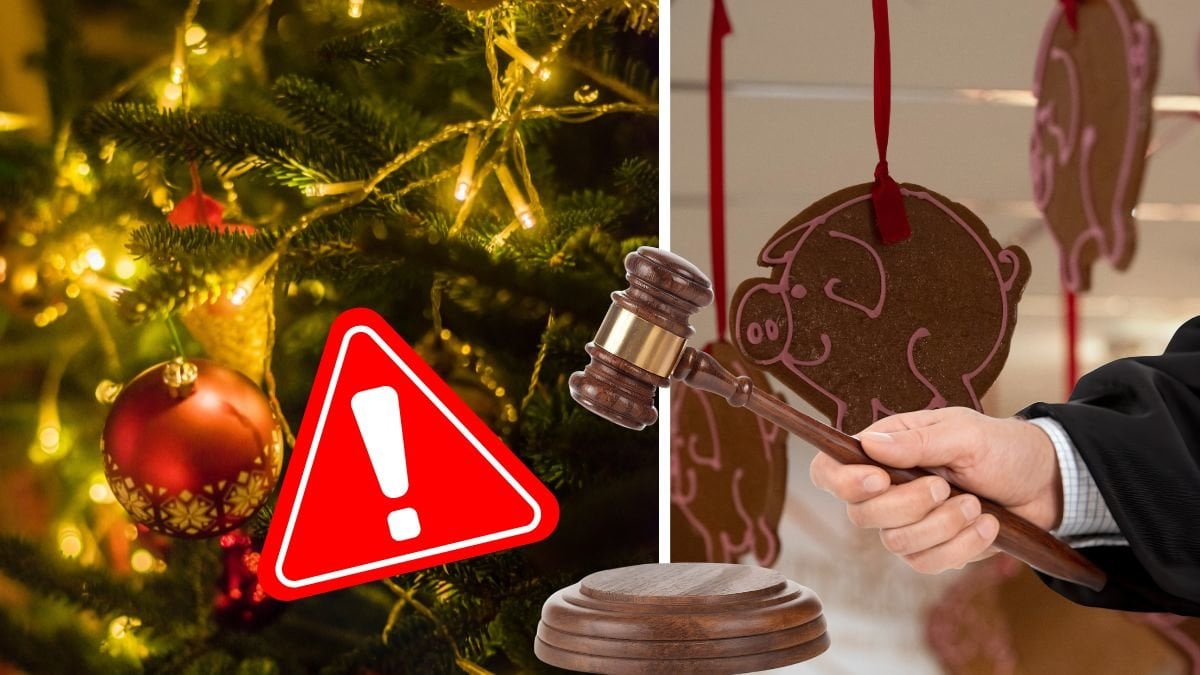 Julkula i gran till vänster. Utklippt rött varningskyl över. Upphängda pepparkakor till höger. Utklippt domar-klubba över. 