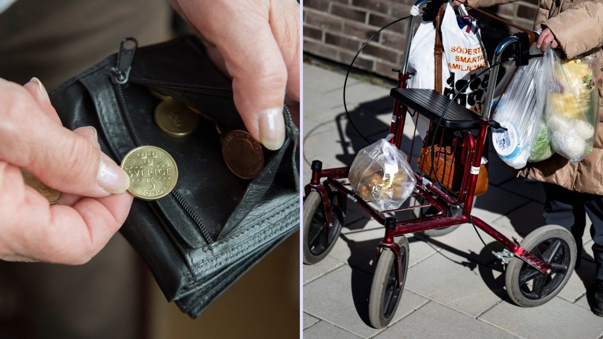 Mynt i plånbok och senior med rollator.