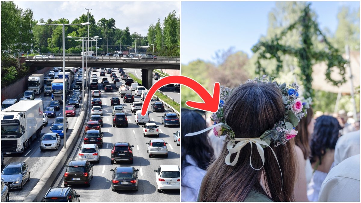 Trafik på väg och midsommarfirande