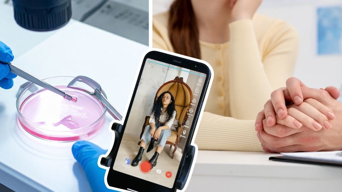 Forskningslabb vänster. Kvinna som håller någon i handen höger. En kvinna på TikTok i mitten.