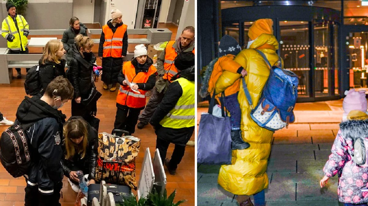 Flyktingar från Ukraina får under lördagen information från Migrationsverket och Refugees Welcome Sweden i färjeterminalen i Ystad.