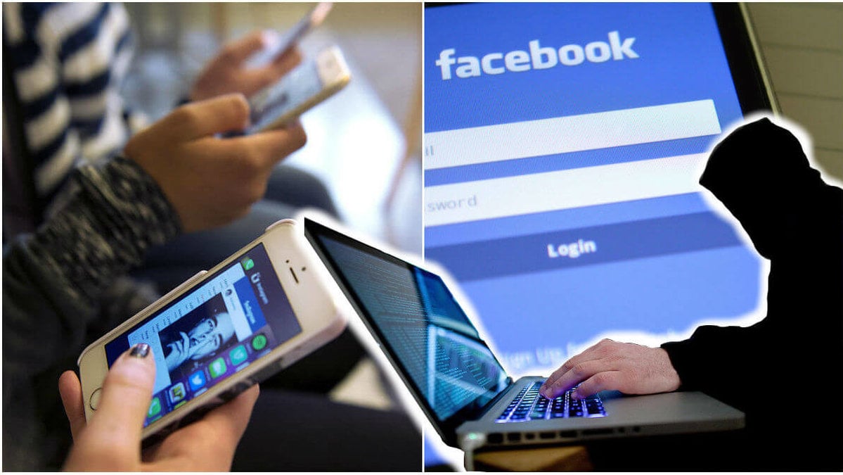 Ett bildkollage på unga med mobiltelefoner, en Facebook-logga och en man med hoodie vid en dator.