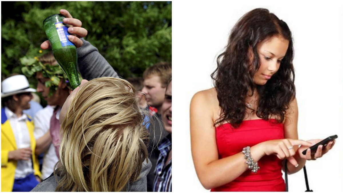 Kvinna dricker och använder sin telefon