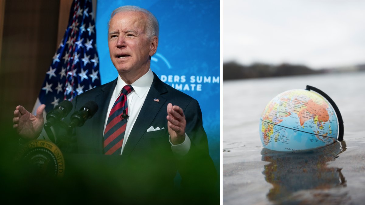 President Joe Biden och en sjunkande jordglob.