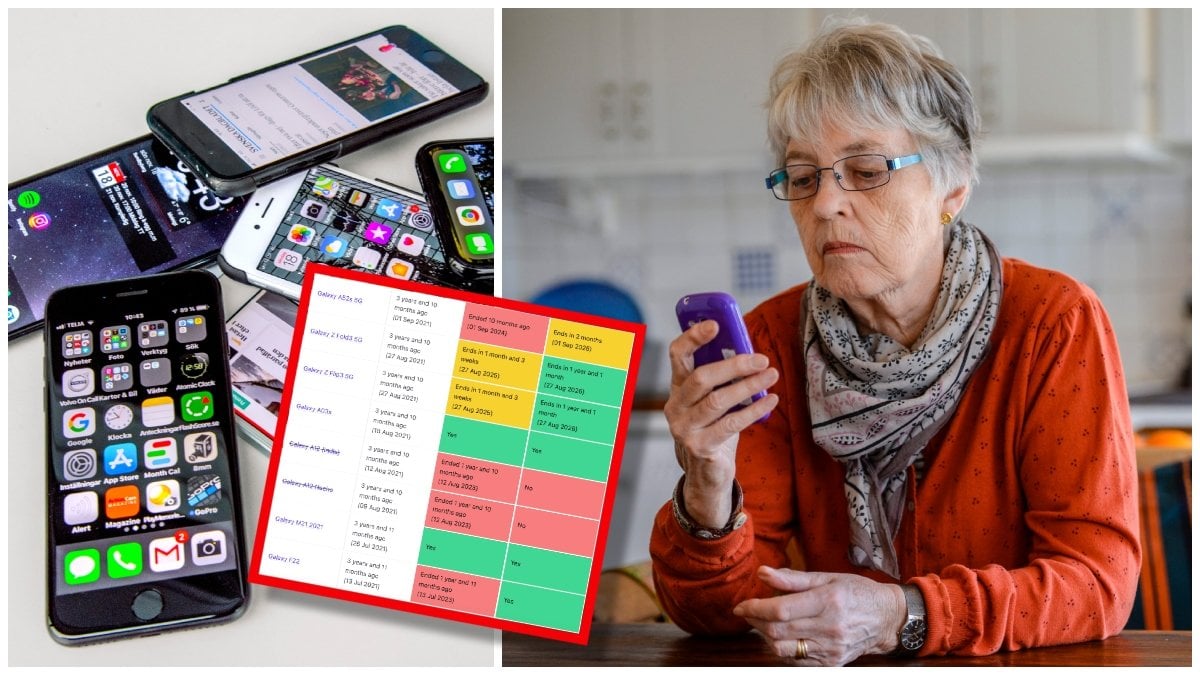 Mobiltelefoner och en äldre kvinna med mobiltelefon
