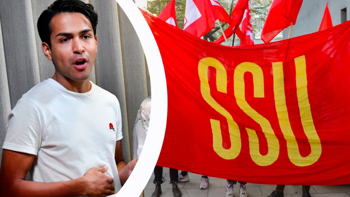 Philip Botström och en SSU-flagga. Kollage. 