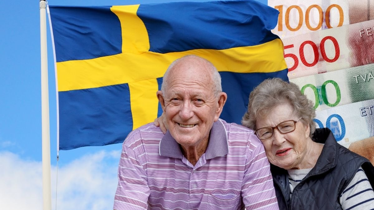 Svenska flaggan, ett äldre par och sedlar i olika valörer i bakgrunden.