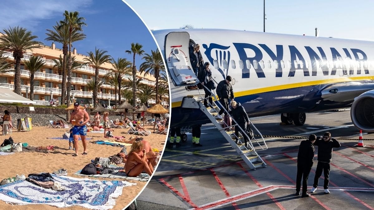 Bilder på en sandstrand och ett Ryanair-flygplan.