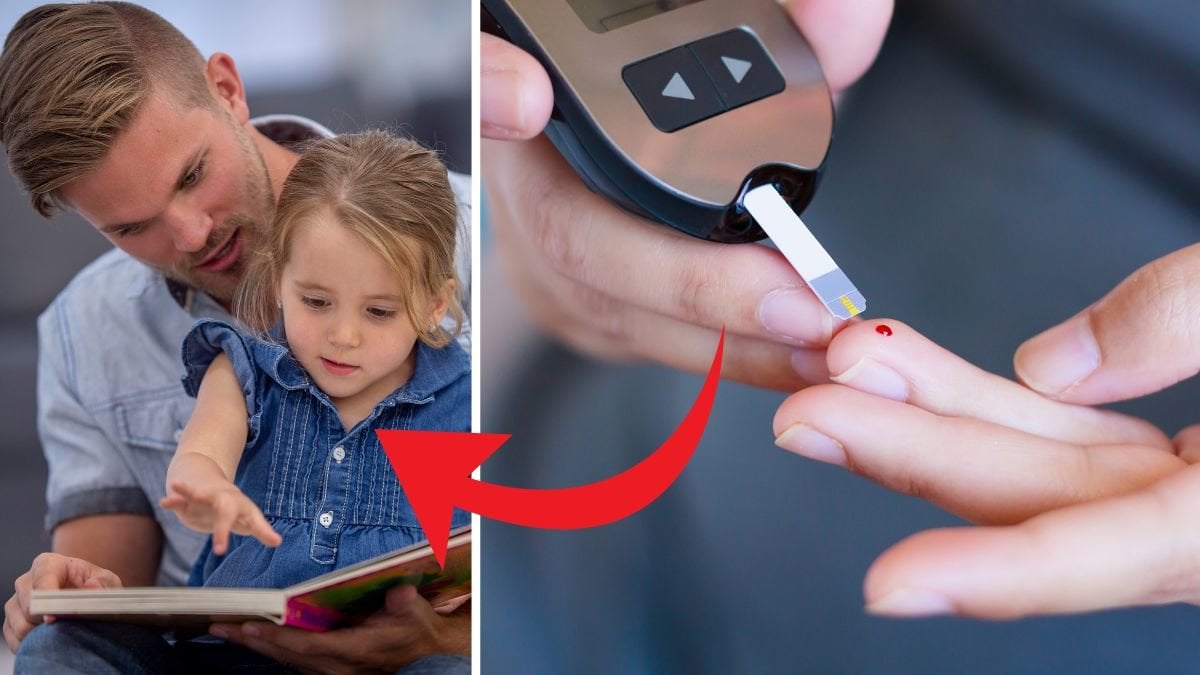 Barn som läser en bok i sitt pappas knä till vänster, blodsockermätare till höger.