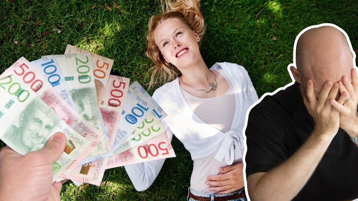 Pengar, en lycklig kvinna som ligger i gräset och en olycklig man som begraver ansiktet i händerna.