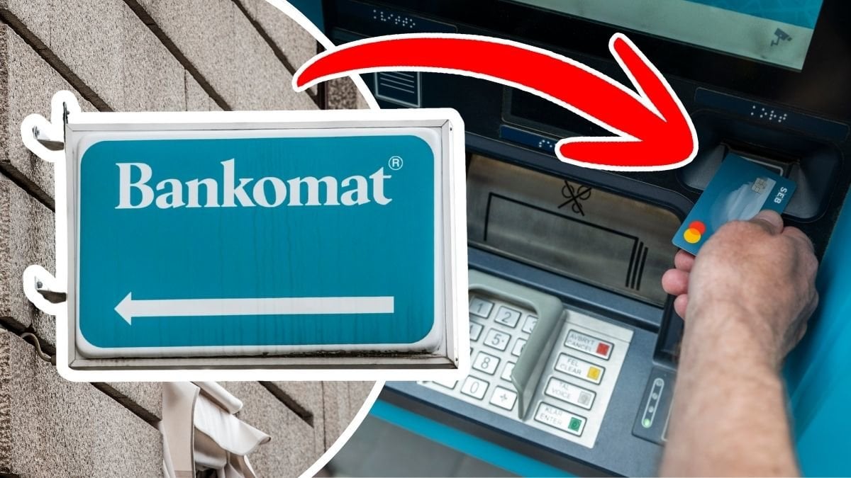 Bankomat-skylt och person som stoppar in kortet i en uttagsautomat