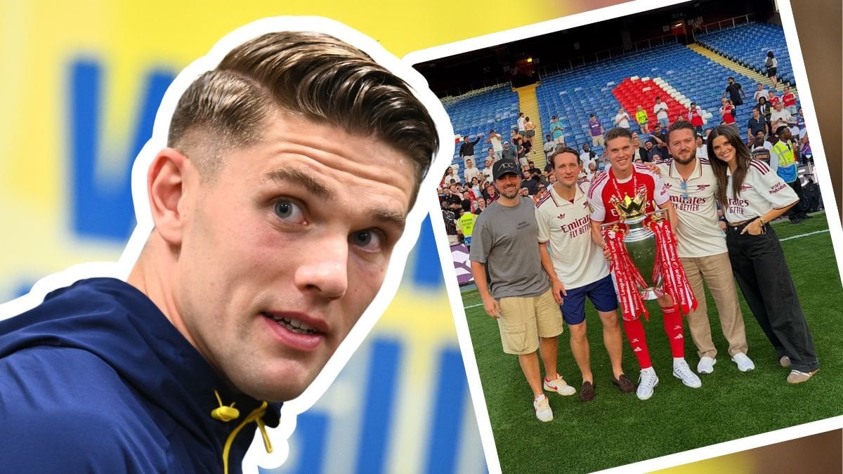 Viktor Gyökeres och Viktor Gyökeres med bland annat påstådda flickvännen Ines Aguiar efter Arsenals Premier League-seger