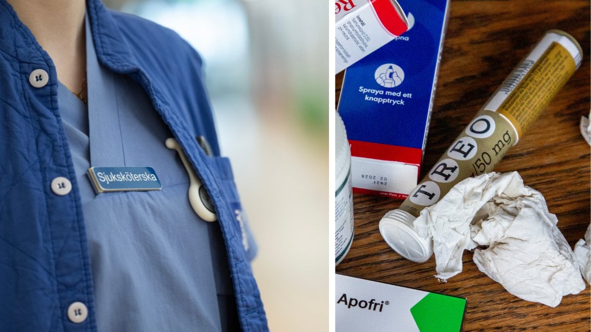 Sjuksköterska vänster, krykliga papper och mediciner höger.