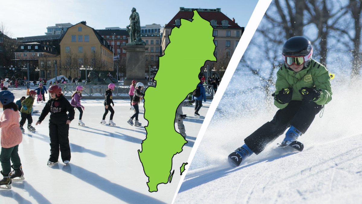Ungar som åker skridskor, sverigekarta, slalomåkare.