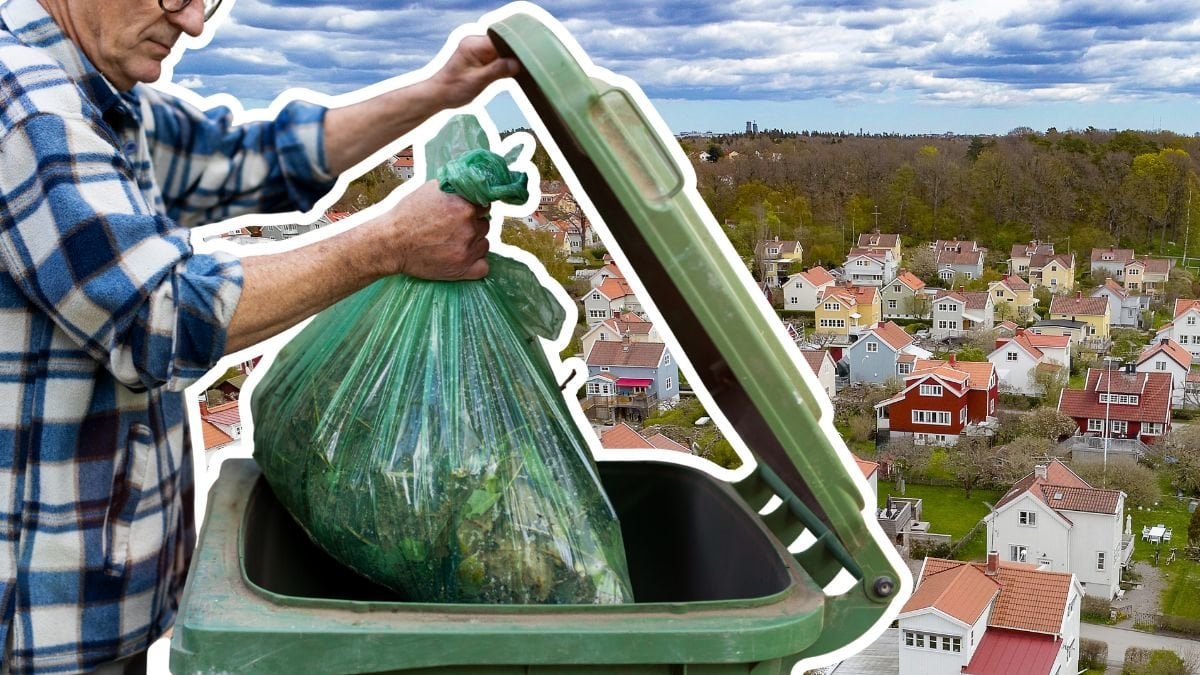 Man som slänger sopor och villaområde