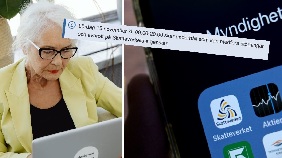 Kvinna använder en dator, Skatteverkets app och meddelandet från Skatteverkets hemsida.