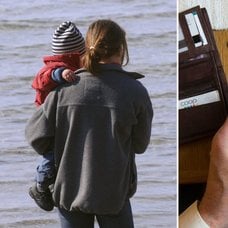 Barnfamilj som promenerar och svenska kontanter.