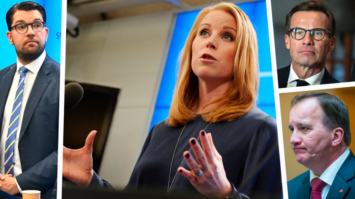 Mindre bilder på Åkesson, Kristersson och Löfven omger en stor bild av Centerpartiets Annie Lööf. Kollage. 