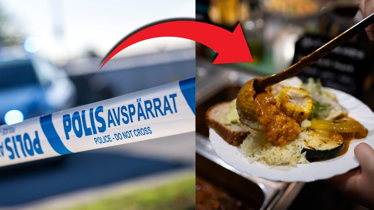 Avspärrningstejp till vänster. Restaurangtallrick till höger. Röd pil pekar på tallricken. 