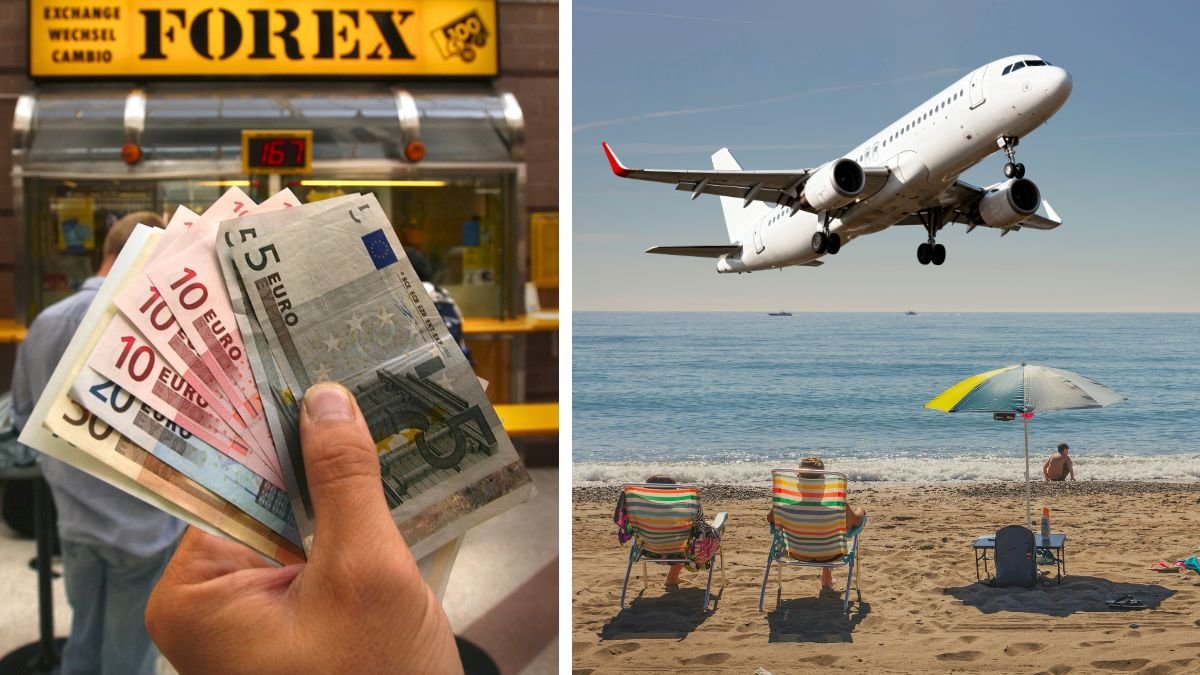 Valuta euro på forex banken och en strand utomlands med solstolar.