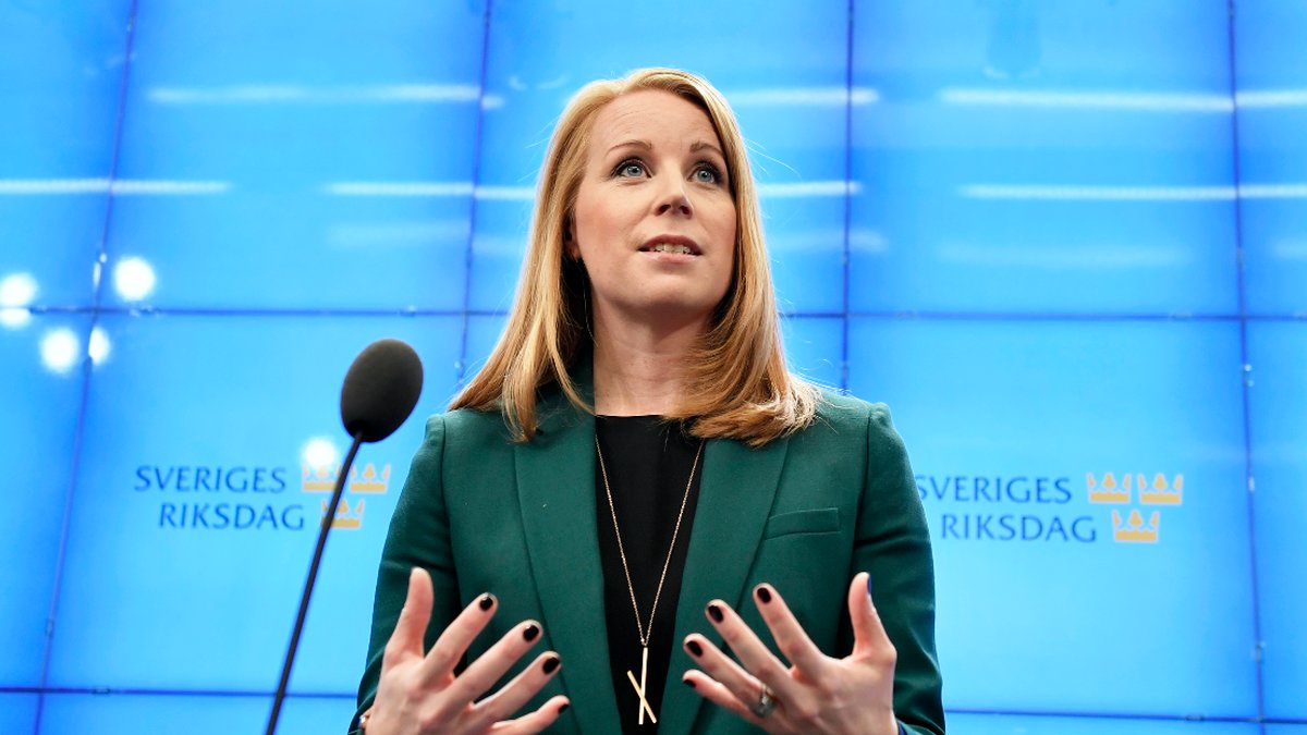 Annie Lööf på en presskonferens. 