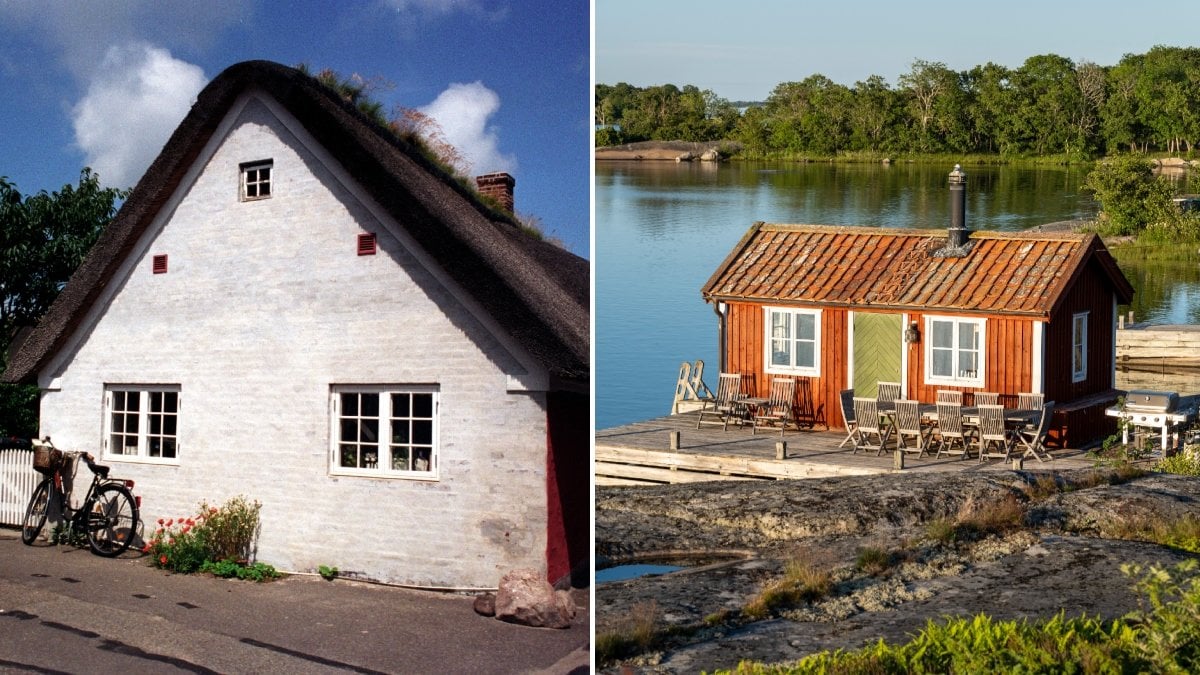 Ett vitmålat hus på Fanø och ett rödmålat hus i Stockholms skärgård.
