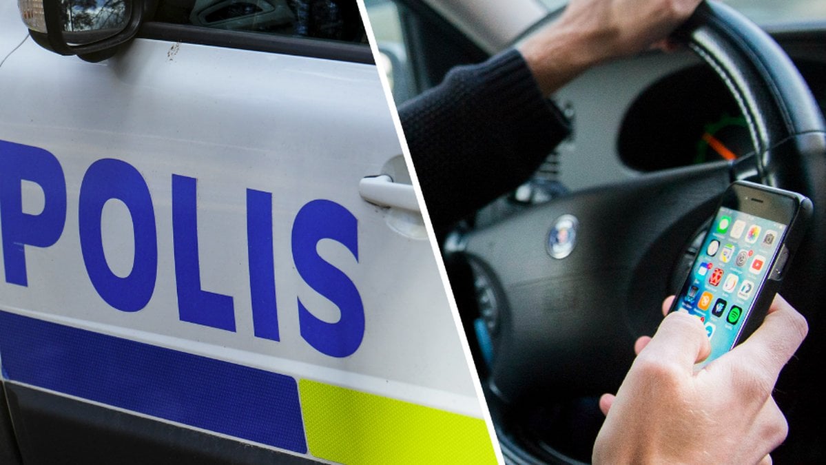 En polisbil och en person som använder mobilen bakom ratten