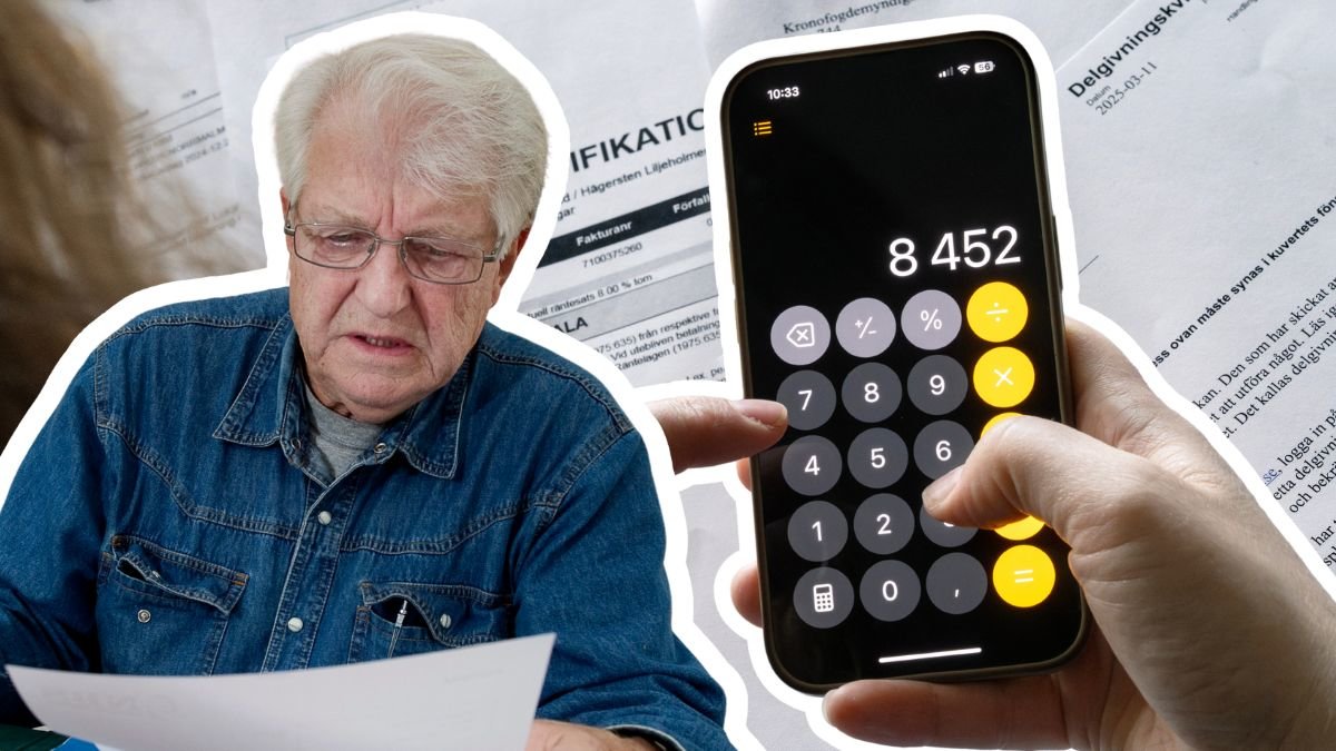 Äldre man läser på papper och en kalkylator