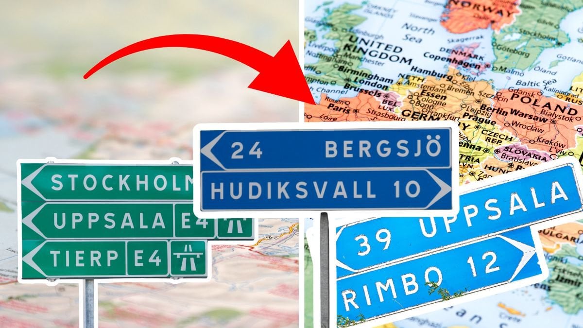 Karta vänster, karta höger. Tre utklippta vägskyltar framför kartorna. En röd pil pekar på vägskyltarna.