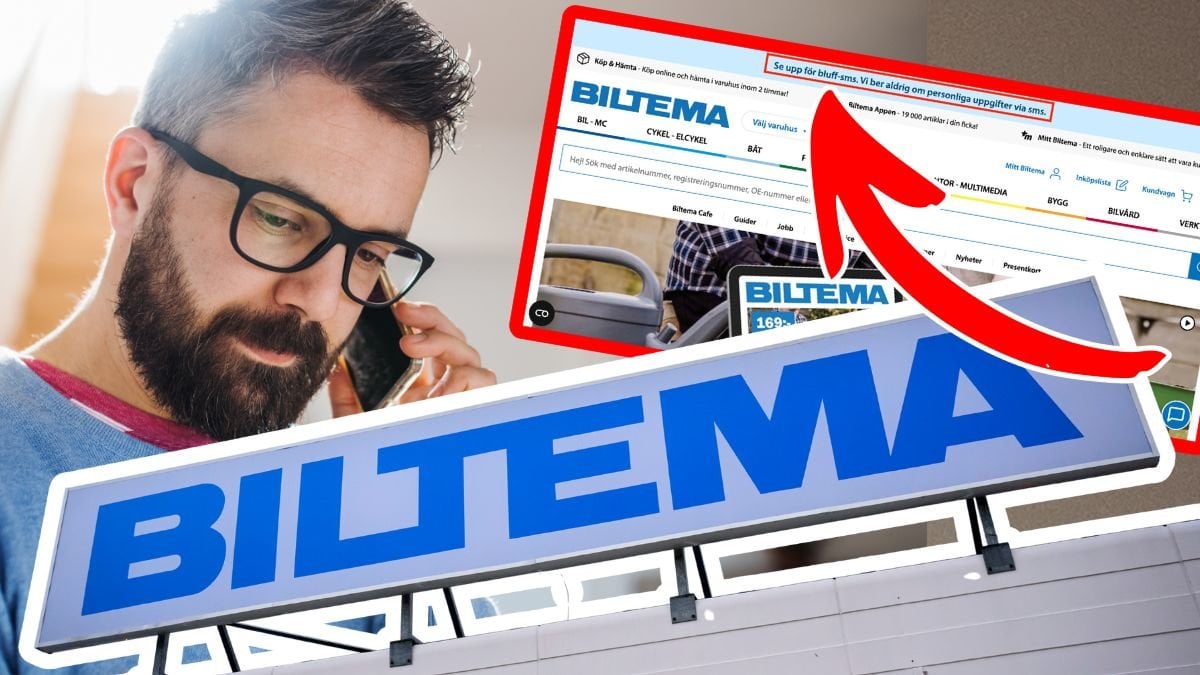 Man i telefon och Biltemas skylt