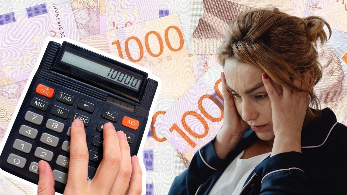Miniräknare, hundrakronorssedlar och en ung kvinna med ansiktet i händerna