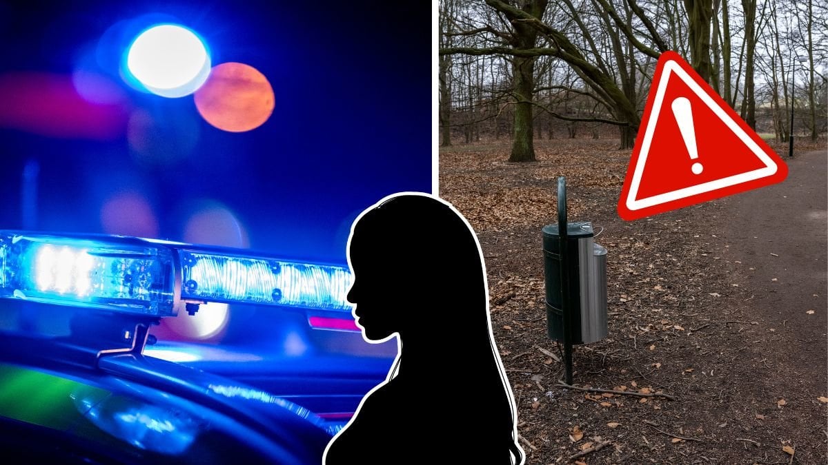 Blåljus till vänster. Pilgrimmsparken i Malmö till höger. Kvinnlig siluett i mitten. Varningsskylt över högra bilden. 