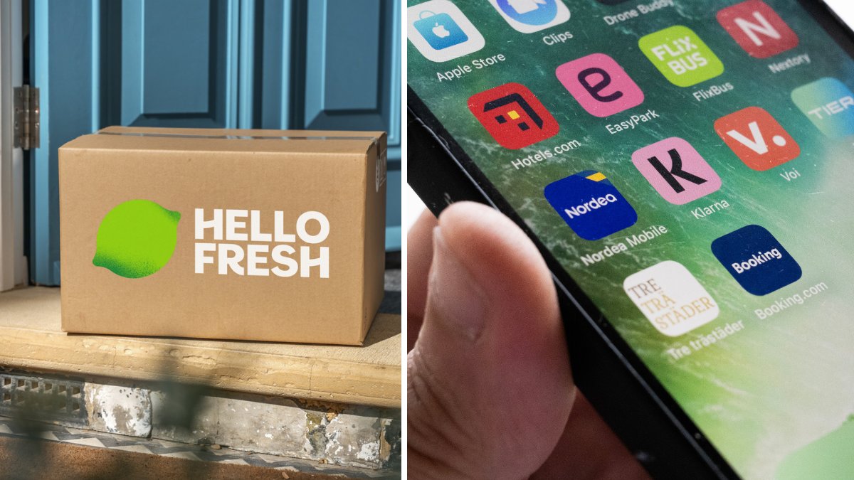 HelloFresh-låda vid dörren vänster. En mobil med massa appar uppe höger.