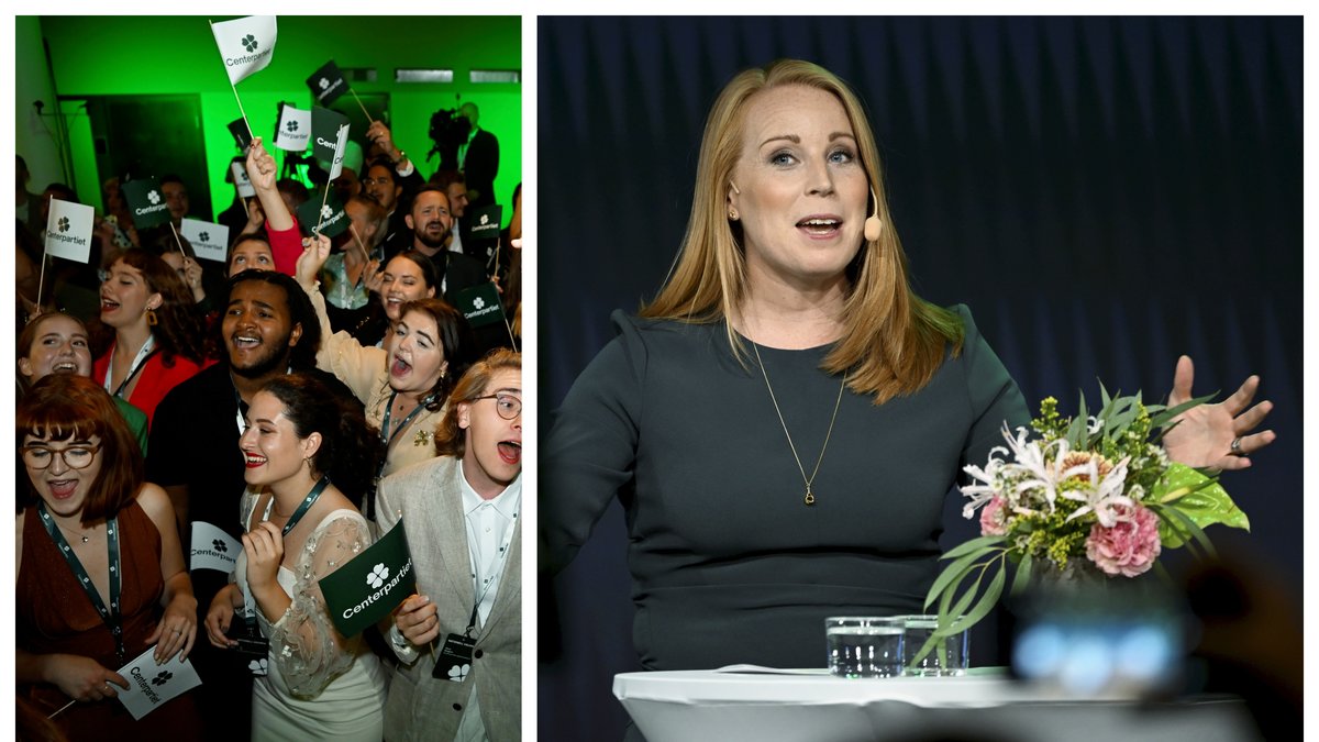Annie Lööf (C) höll tal på Centerpartiets valvaka.