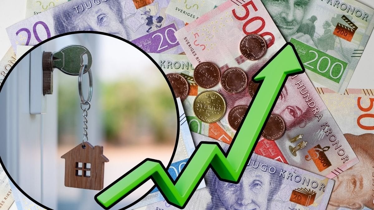 Nyckelknippa i dörr, pengar och en grön pil som pekar uppåt.