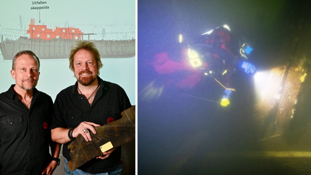 Vraket av Örlogsskeppet Äpplet hittat. Dykarna Patrik Höglund, marinarkeolog på Vrak och Jim Hansson, marinarkeolog på Vrak håller i en bärgad del av skeppet
