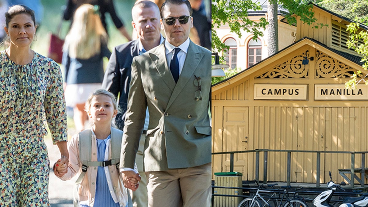 Kronprinsessan Victoria, prinsessan Estelle och prins Daniel utanför Campus Manilla.