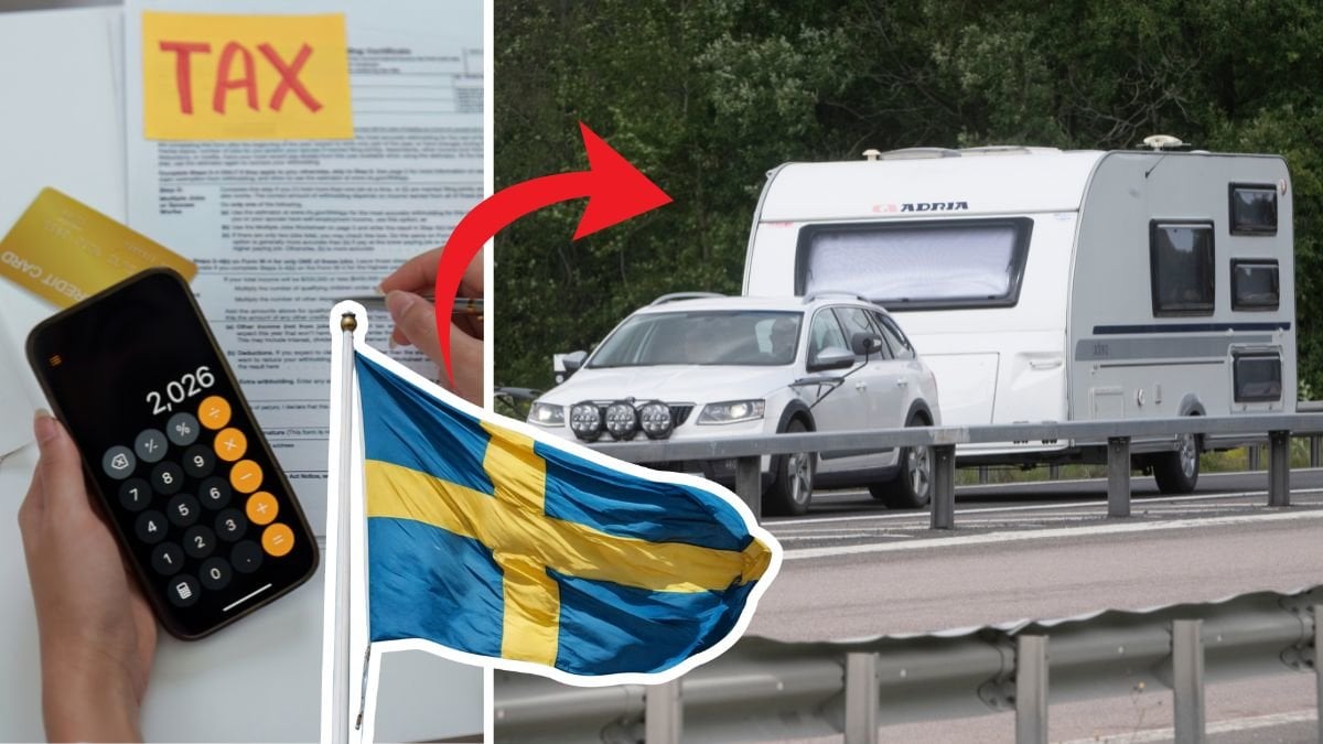 Miniräknare och skattetabell vänster. Svensk utklippt flagga vänster. Bil som kör husvagn till höger. 