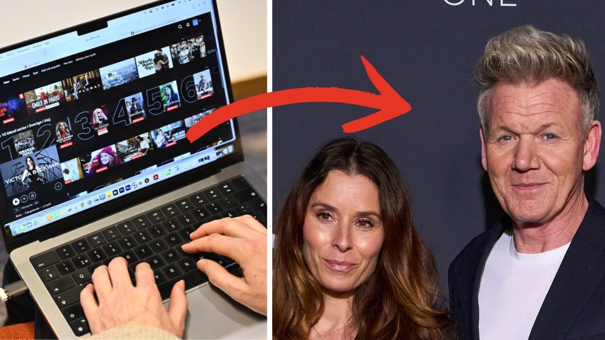 En dator med Netflix på skärmen till vänster. Gordon Ramsay och hans fru Tana Ramsay höger.