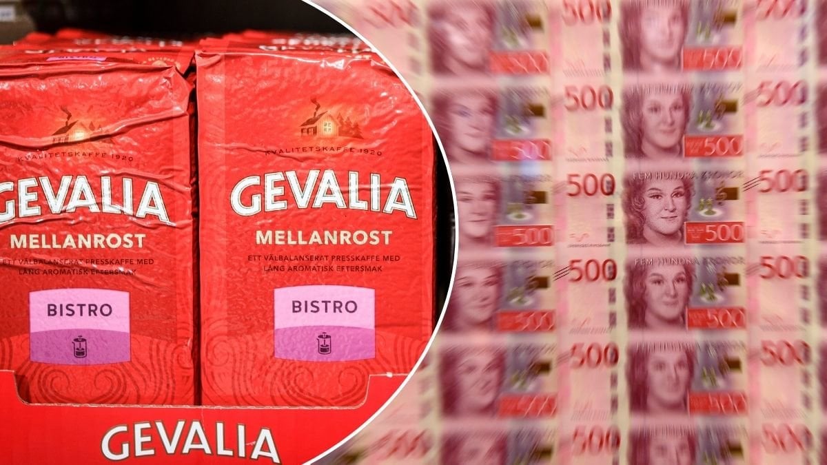 Bilder på kaffe och nya sedlar.