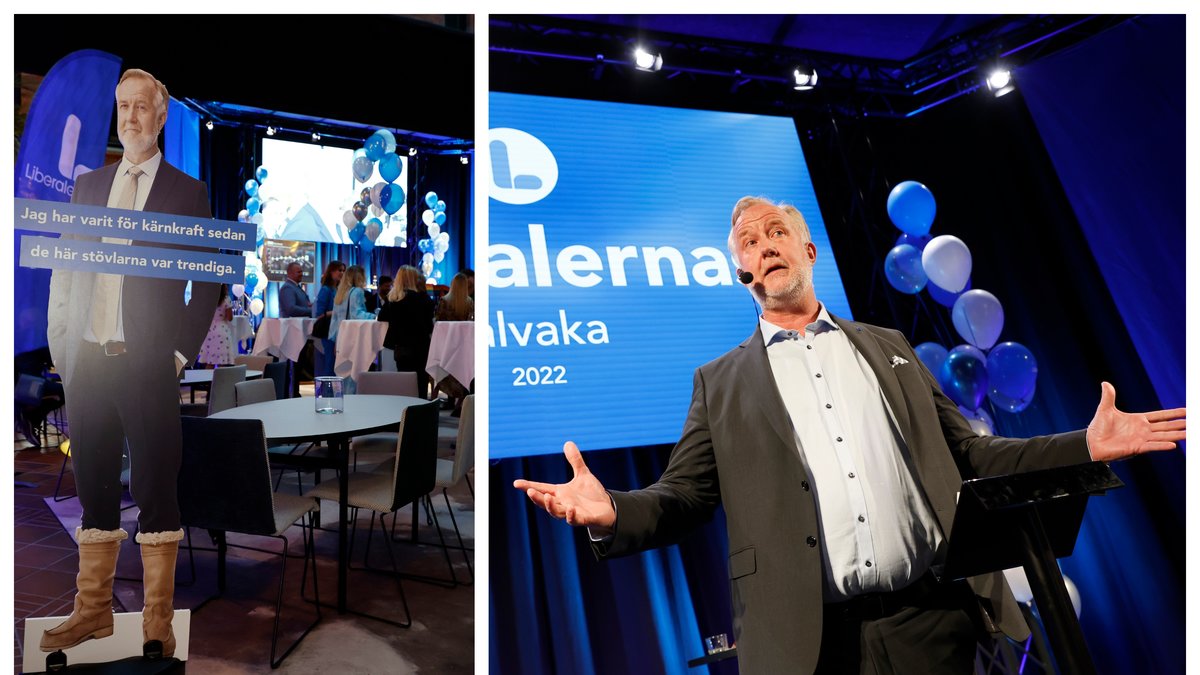 Johan Pehrson (L) höll tal på Liberalernas valvaka.