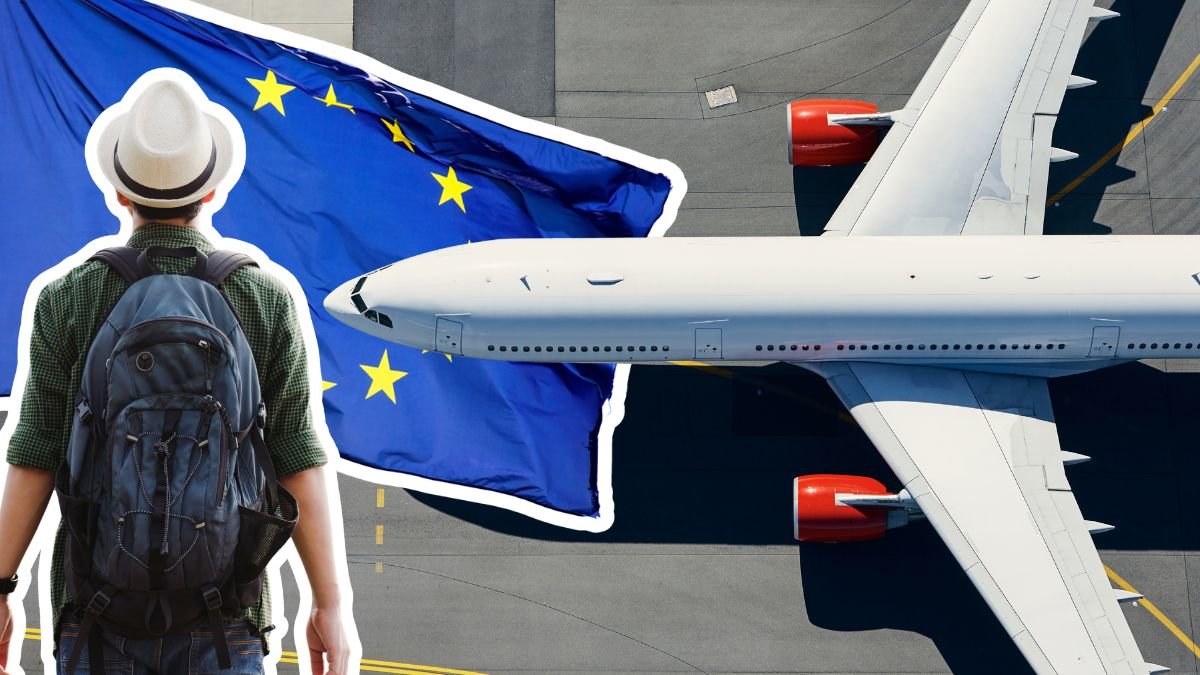 Man med ryggsäck, EU:s flagga och flygplan på landningsbana