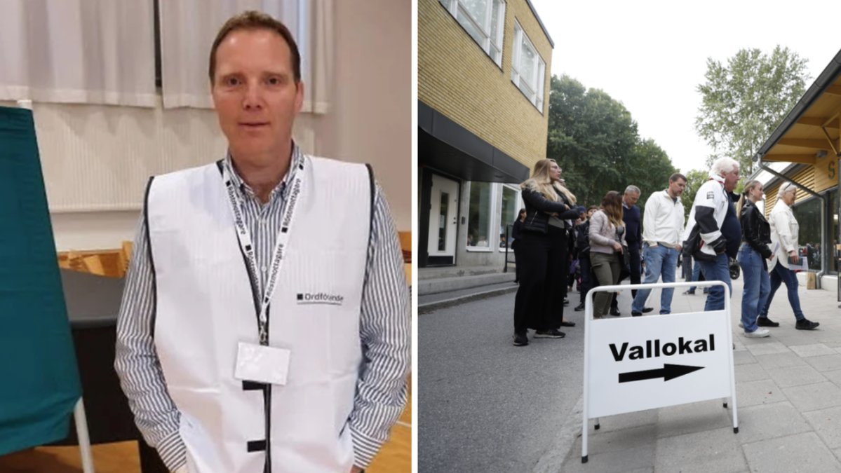 Samhällskunskapsläraren Michael Franzl jobbar som röstmottagare i Farsta i södra Stockholm i dag.