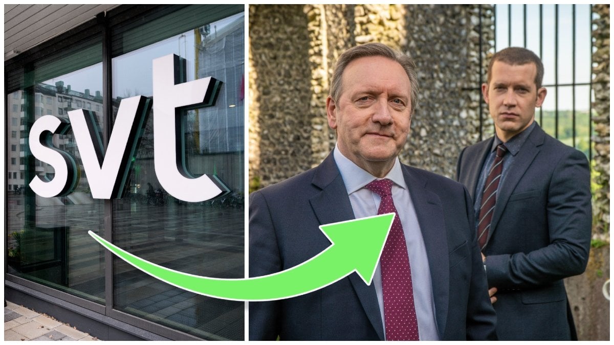 SVT:s skylt på en fasad och Neil Dudgeon i Morden i Midsomer