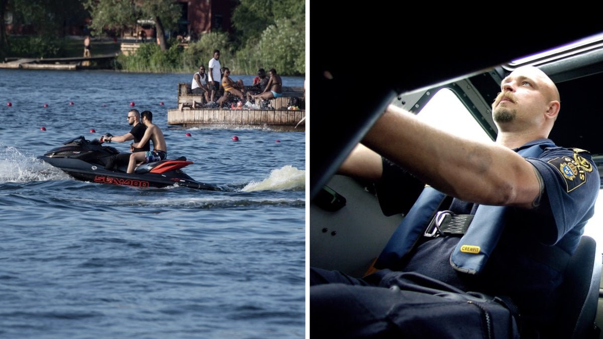 Två män på vattenskoter och sjöfartspolis.