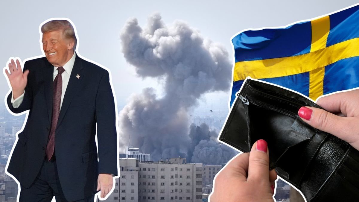 Bombningar i Teheran, Donald Trump, en svensk flagga samt en tom plånbok.