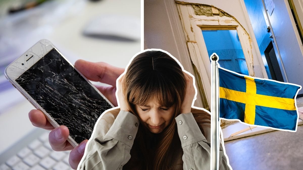 trasig mobil, inbrott och bekymrad kvinna