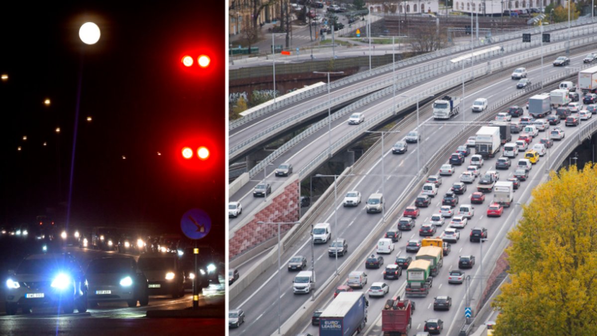 Långa köer på Essingeleden efter bilbrand.