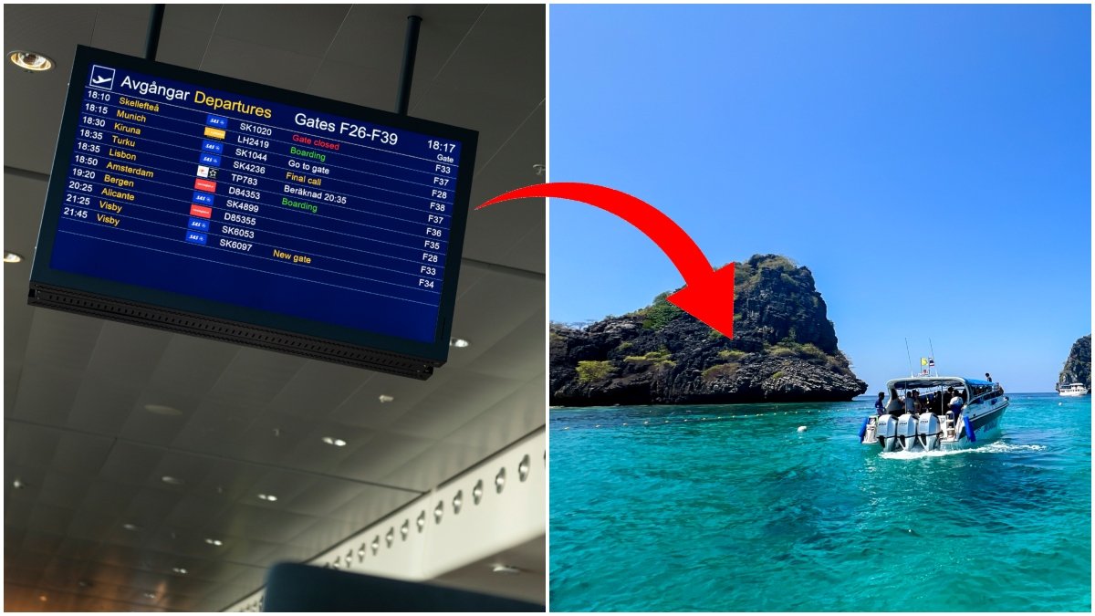 Information om flyg på Arlanda och båt på havet i Thailand.
